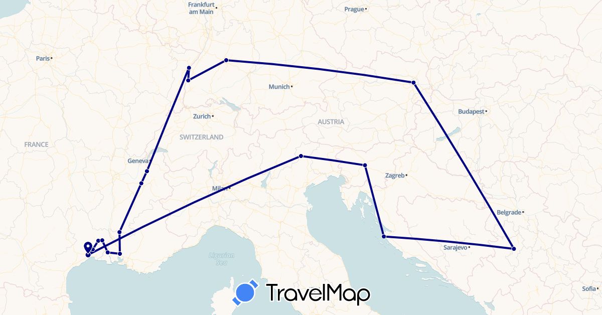 TravelMap itinerary: driving in Austria, Germany, France, Croatia, Italy, Serbia, Slovenia (Europe)
